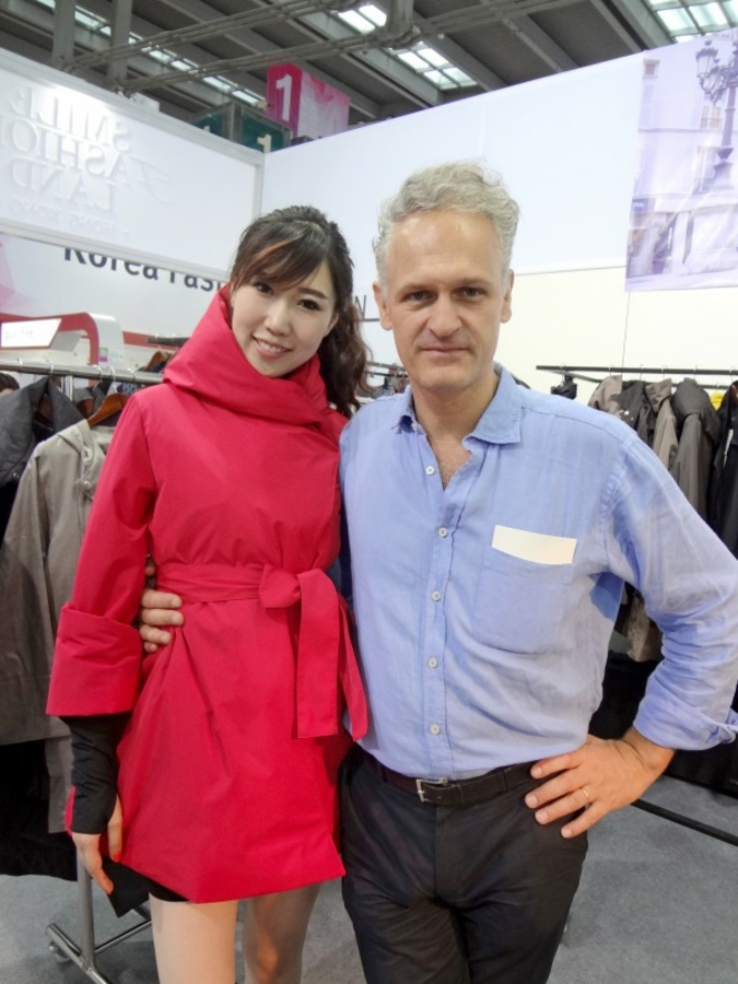 Guillaume Gaverlaux, designer of Urbahia, with a model dressed in a jacket he designed
