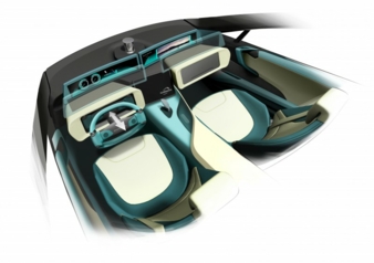 In autonomous mode, the steering wheel folds up . The two curved widescreens individually move closer to the occupants to provide a better view.